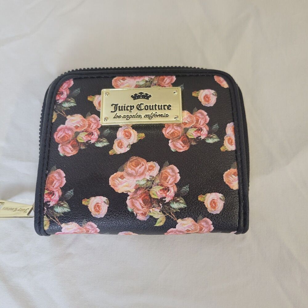 Juicy Couture PVC Floral Pink Black Women Zip Around Clutch Wallet 4X4.5"